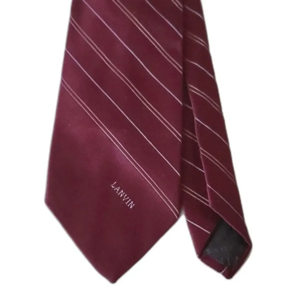 EUC Lanvin Paris Mens Neck Tie Lined Diagonal Stripes Logo Dark Red Maroon Suit
